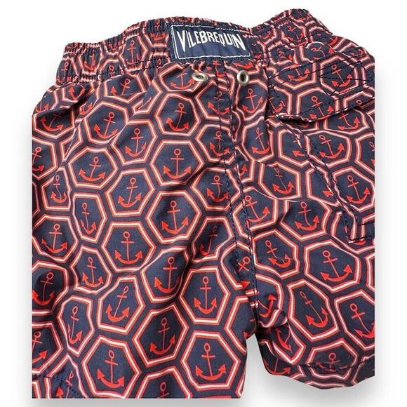 Vilebrequin Moorea Anchor Swim Trunks Boys Size 2 Red Navy Blue Anchor Print - Picture 5 of 7